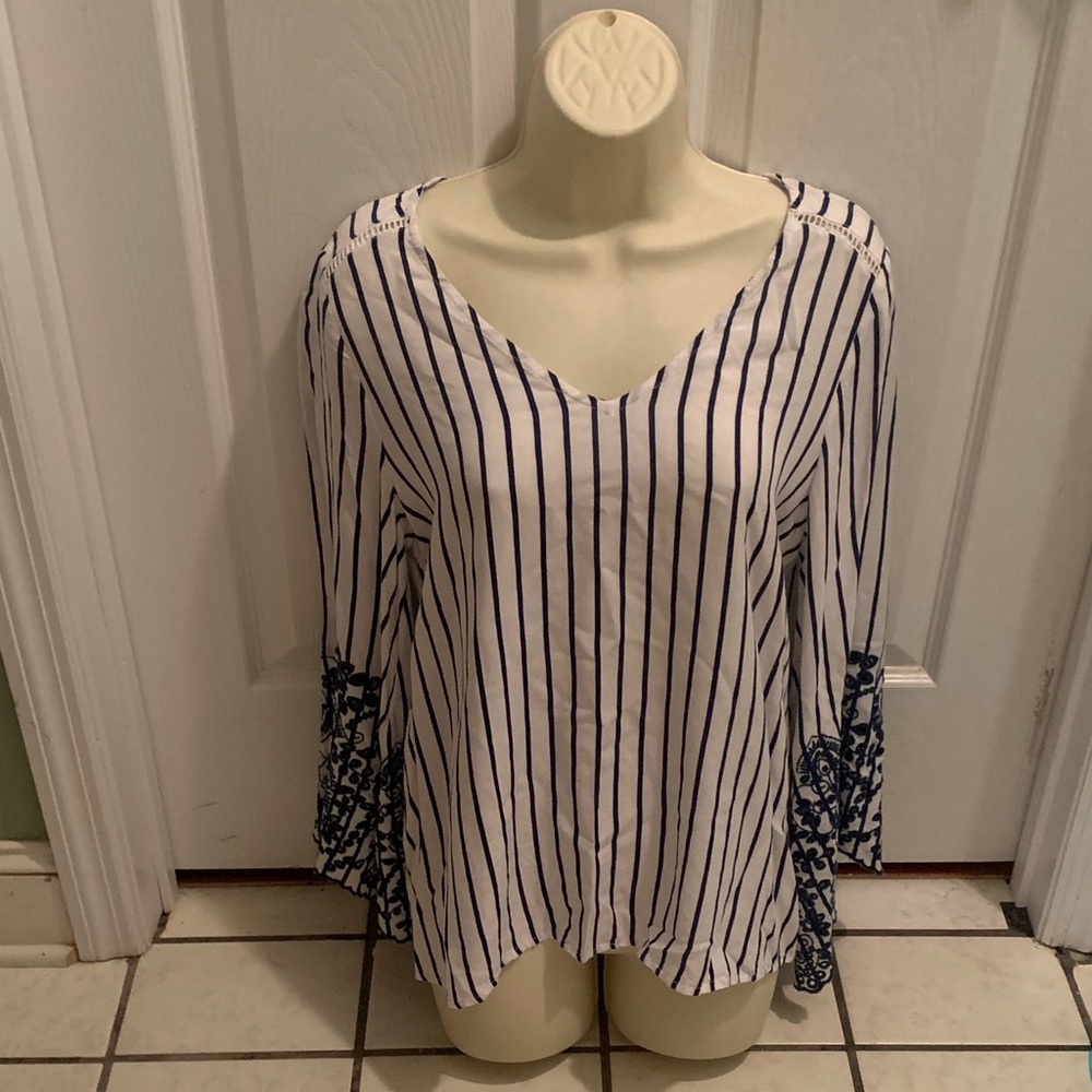 Fever White Top with Navy Stripes & Embroidered Bell Sleeves